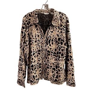 Laura Ashley Ladies Semi Sheer Textures Zip Up Cardigan Jacket Sz XL Black Gold